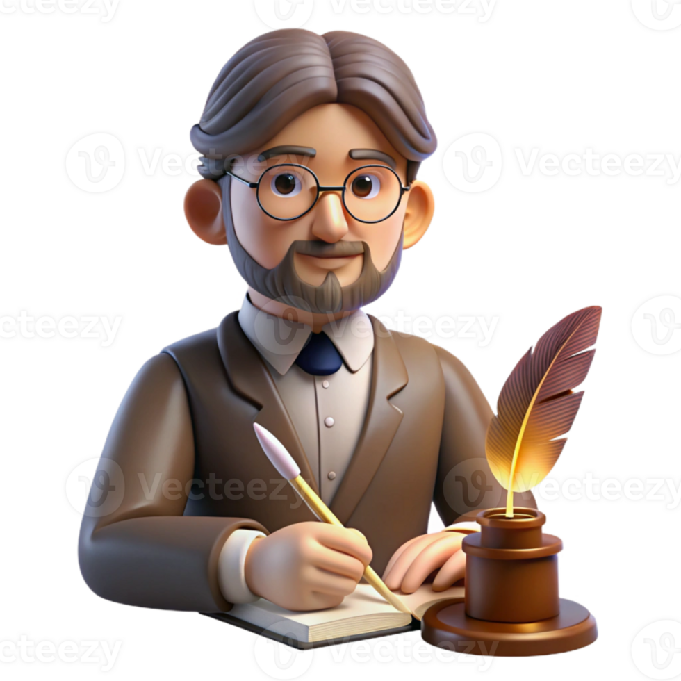 beautiful vintage Portrait of a pensive writer with spectacles and a quill pen, lit by a warm desk lamp, in a vintage literary style 4K png