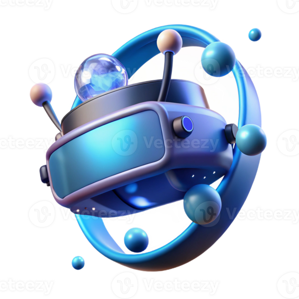 stunning contemporary A virtual reality headset floating in mid-air, emitting streams of data and light, lit by a vibrant blue light, futuristic style authentic png