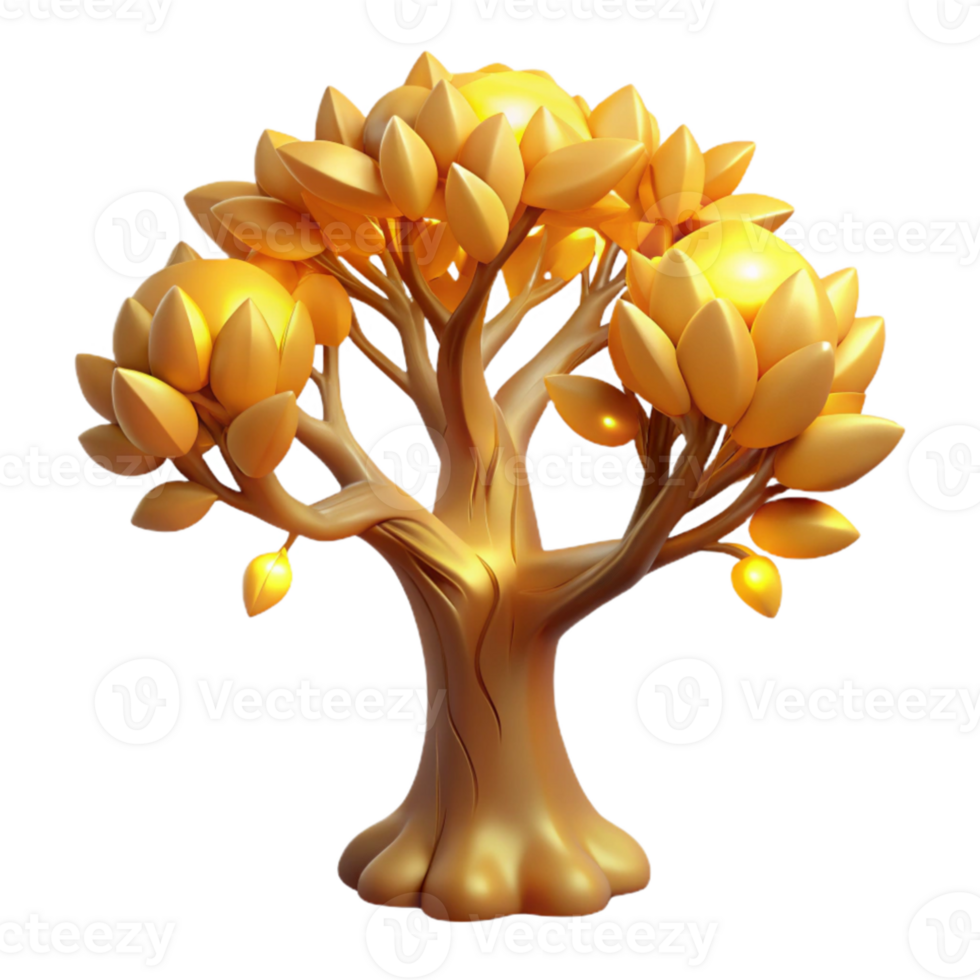 stunning traditional A solitary, ancient tree with luminous leaves, casting a golden glow on the surrounding meadow. Dreamlike style high quality png