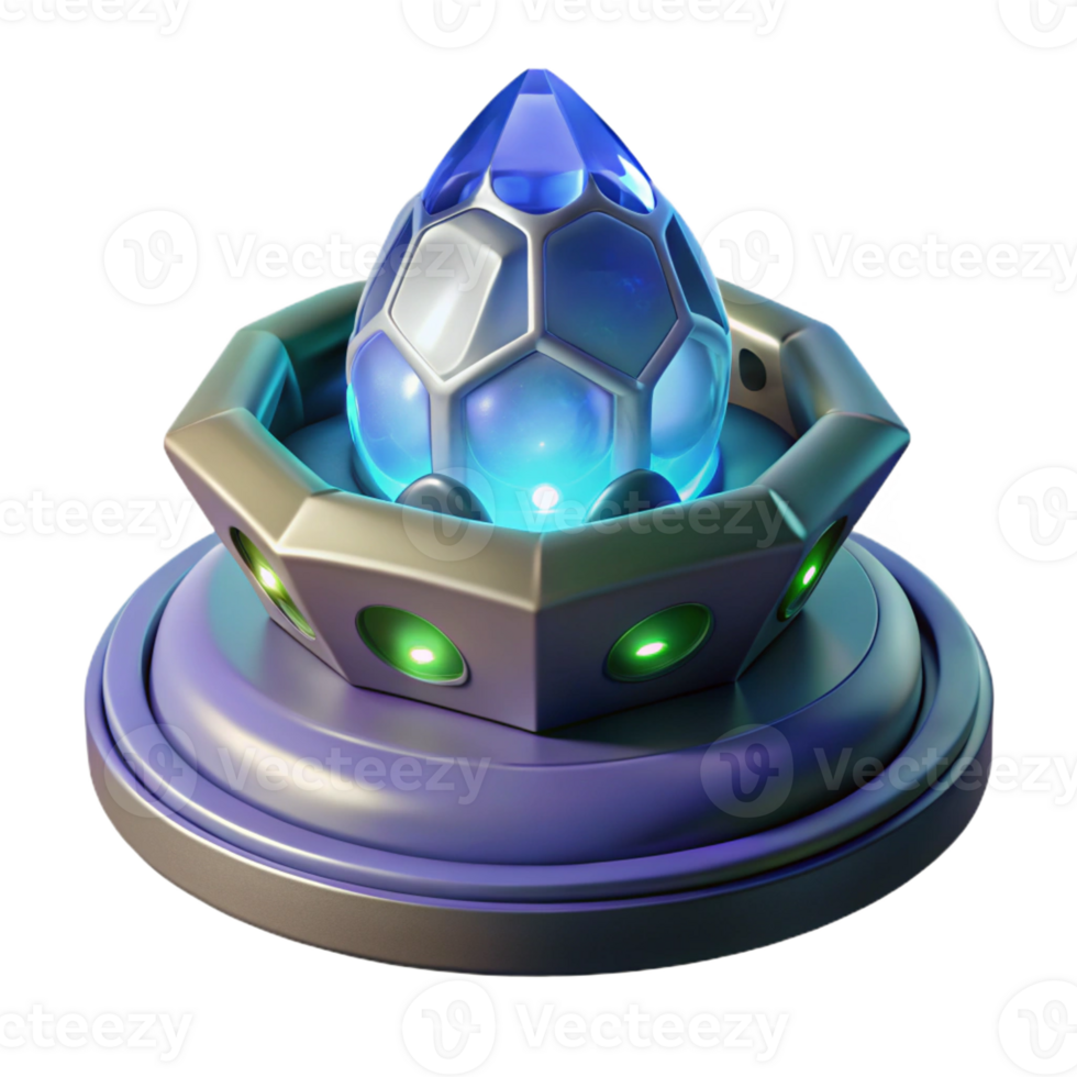 serene artistic A crystalline alien artifact pulsating with an inner light, resting on a pedestal in a futuristic museum, spotlights highlighting its facets. Abstract style detailed png