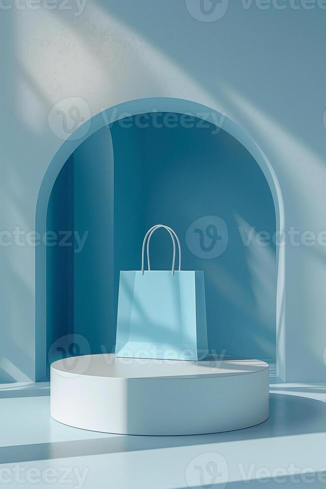 A blue room with a white table and a blue shopping bag photo