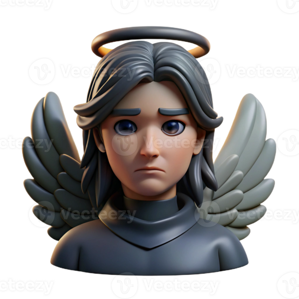elegant classic Portrait of a fallen angel with black wings, shadowed eyes, and a sorrowful expression. Dark, dramatic lighting with a single ray of light exclusive png
