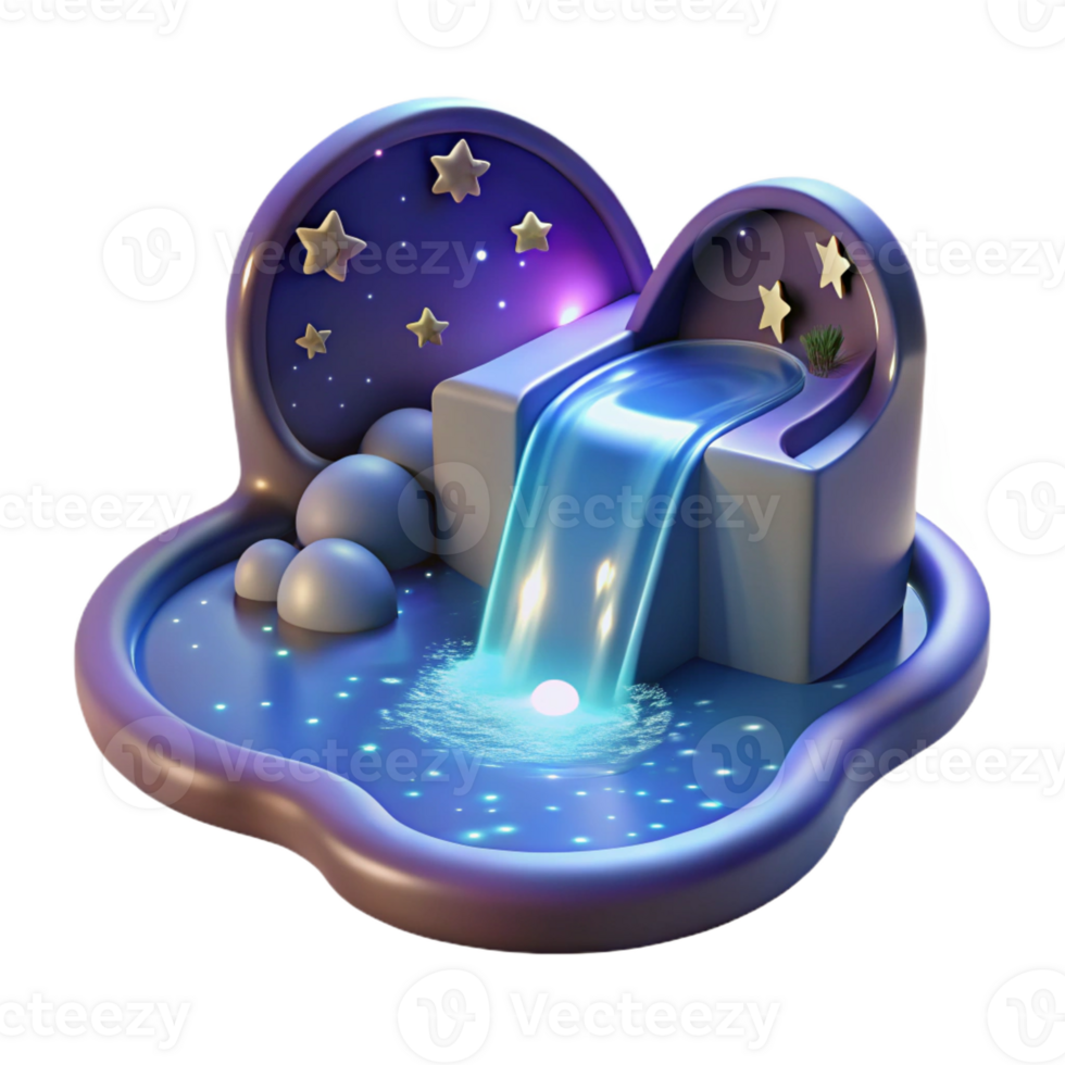 extraordinary modern A cascading waterfall of liquid starlight flowing into a crystal-clear pool, reflecting a constellation of twinkling stars, under a twilight sky. Surrealism style authentic png