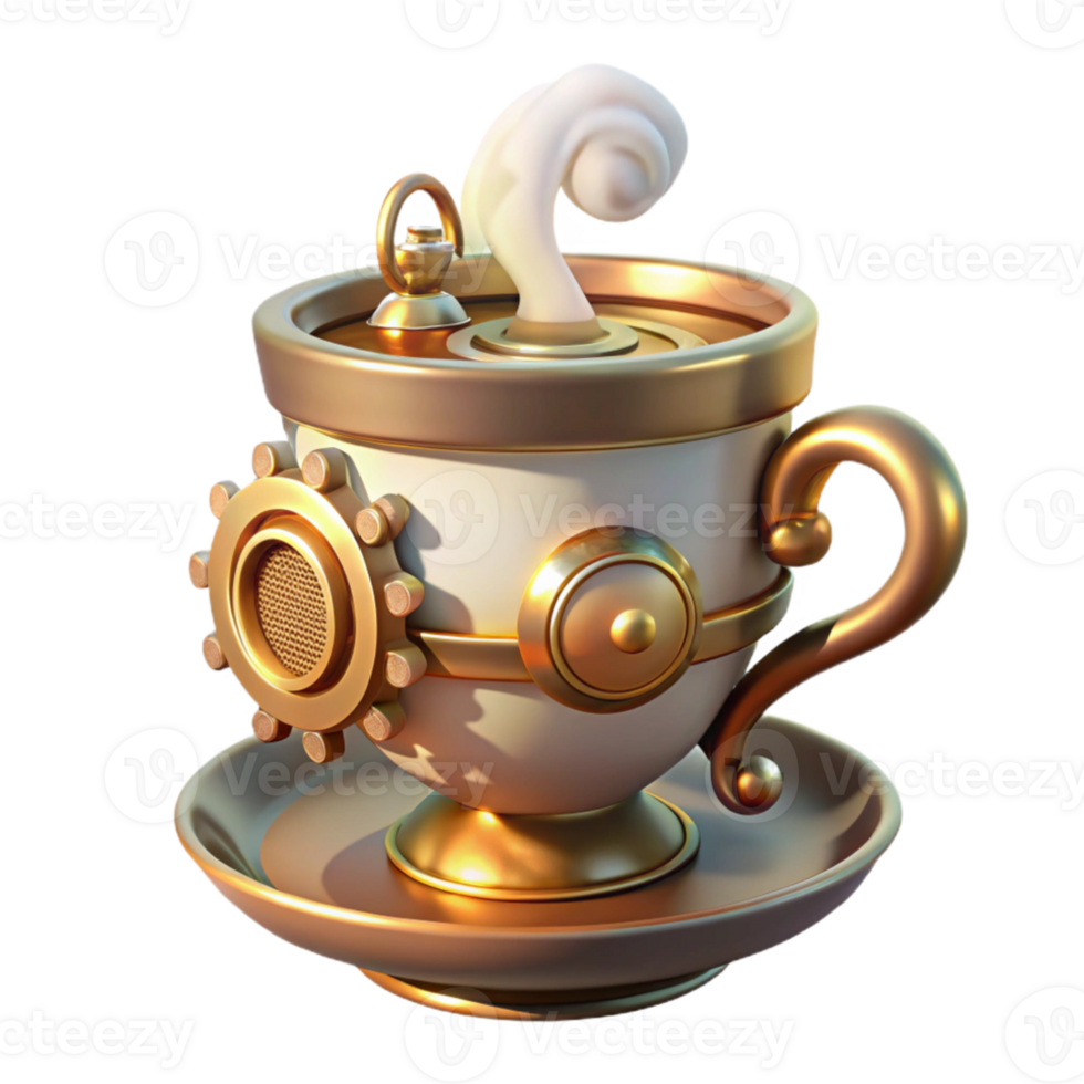 magnificent creative A whimsical steampunk teacup, porcelain with brass accents and gears, steam rising from the hot tea, warm, inviting lighting detailed png