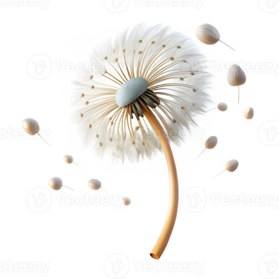 wonderful creative A single dandelion seedhead with seeds blowing in the wind, ethereal lighting, dreamy style, macro photography exclusive png