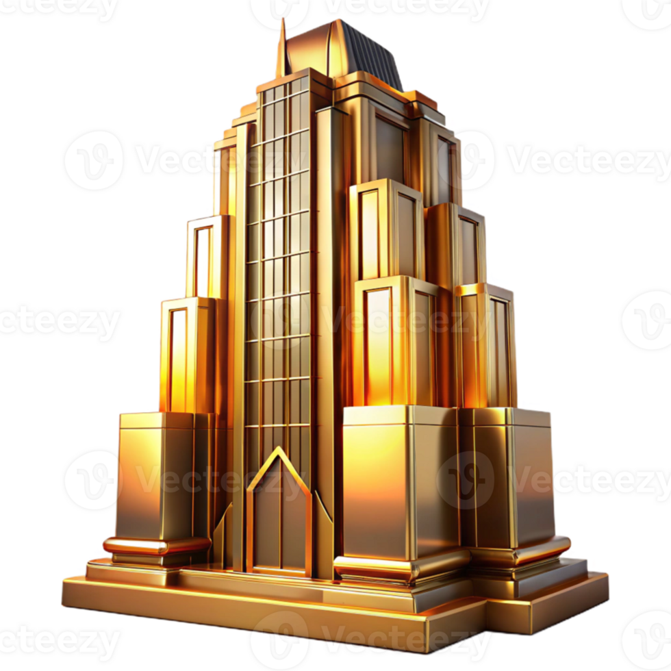 elegant minimalist Art Deco skyscraper, intricate geometric facade, chrome accents, bathed in golden sunset light, highly polished surfaces high resolution png