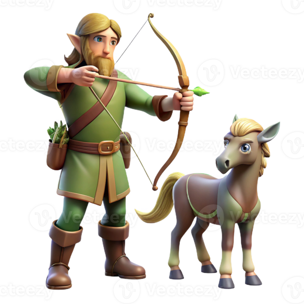wonderful traditional A wise old centaur teaching archery to a young elf, dappled sunlight in a forest clearing. Romantic realism style high resolution png