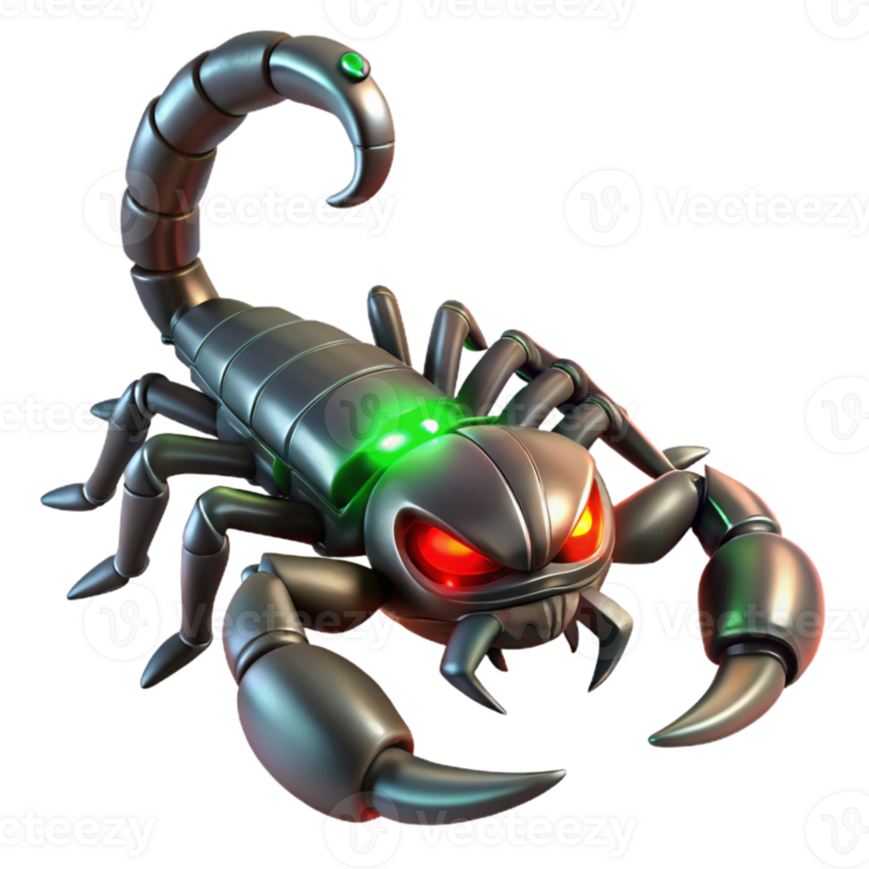 vibrant traditional A menacing steampunk scorpion, metallic body with glowing green eyes, ominous red lighting authentic png