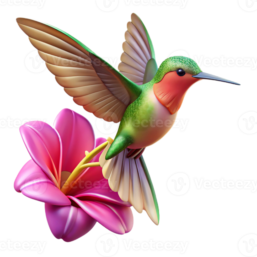 serene modern A hummingbird hovering near a vibrant fuchsia flower, motion blur on wings, bokeh effect, warm sunlight, photorealistic style, detailed png