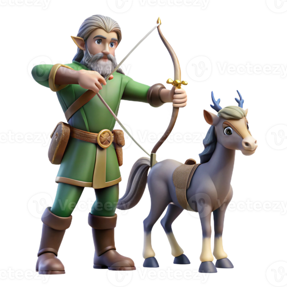 extraordinary creative A wise old centaur teaching archery to a young elf, dappled sunlight in a forest clearing. Romantic realism style authentic png