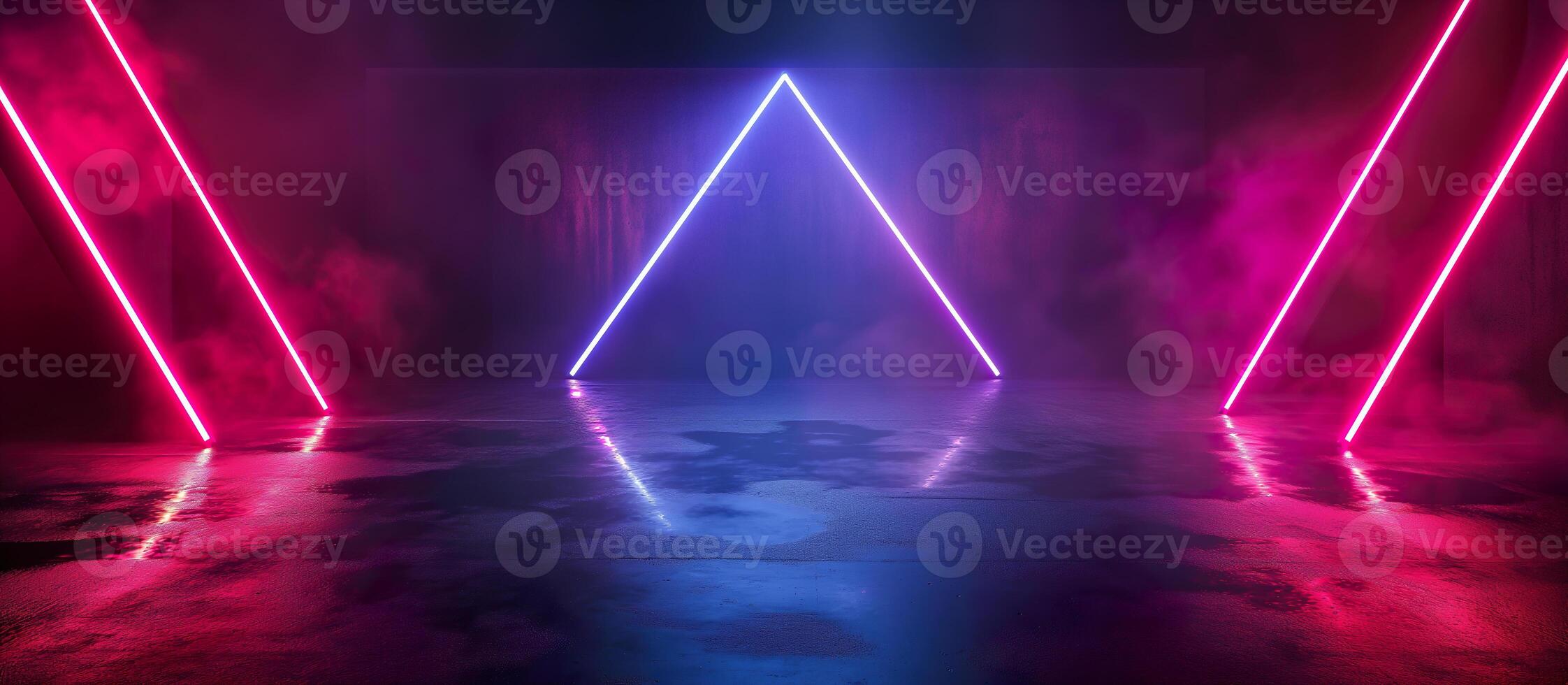 A neon lighted room with smoke and pink and blue lights photo