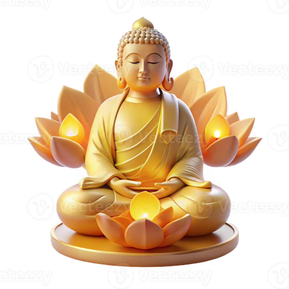 serene abstract A serene, meditating Buddha statue emanating a golden aura, surrounded by floating, glowing lotuses, illuminated by a soft, divine light. Buddhist art style professional png