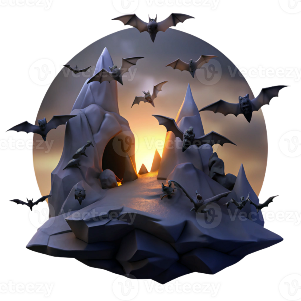 stunning traditional A colony of bats flying out of a dark cave at dusk, silhouetted against the twilight sky, in a spooky, gothic style professional png