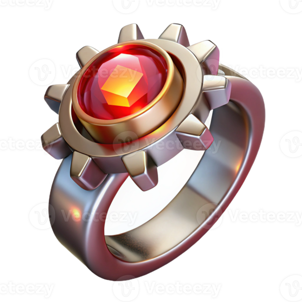 serene vintage An elegant steampunk ring, silver band with a gear and ruby setting, lit by a soft, sparkling light high resolution png