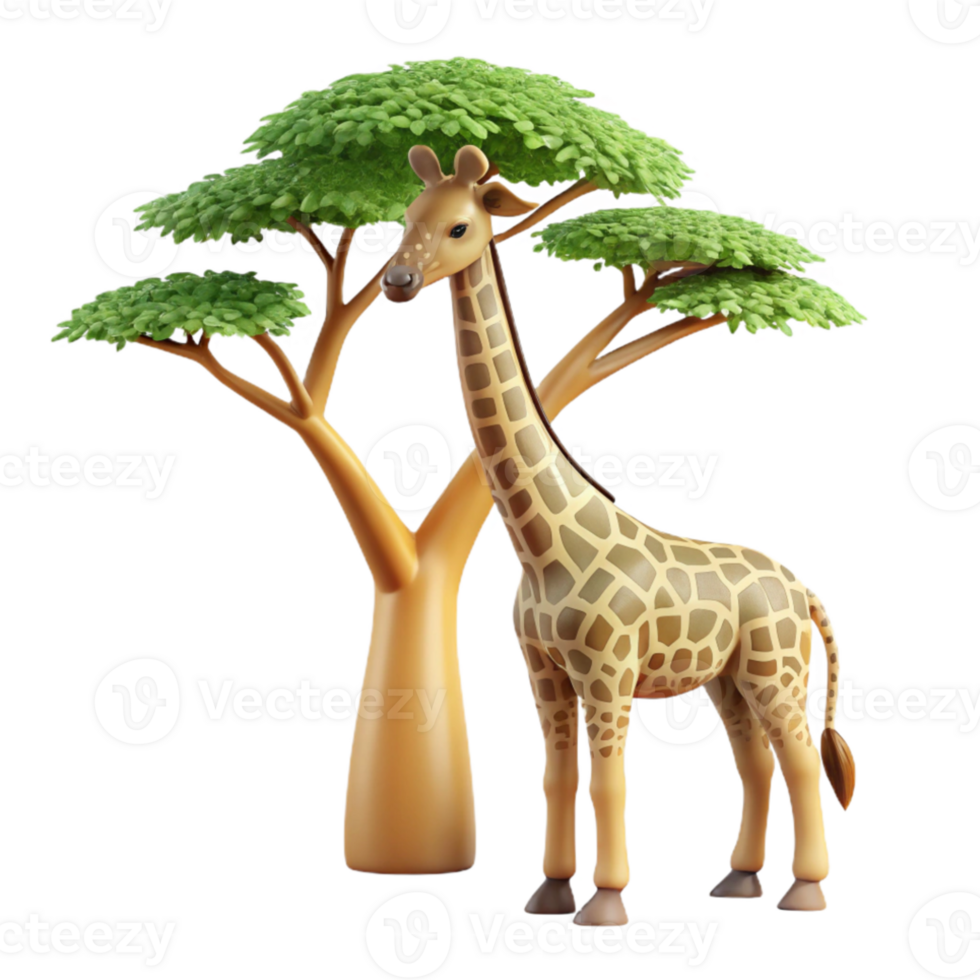 extraordinary artistic A graceful giraffe reaching for leaves on a tall tree, savanna setting, warm afternoon light, art deco style detailed png