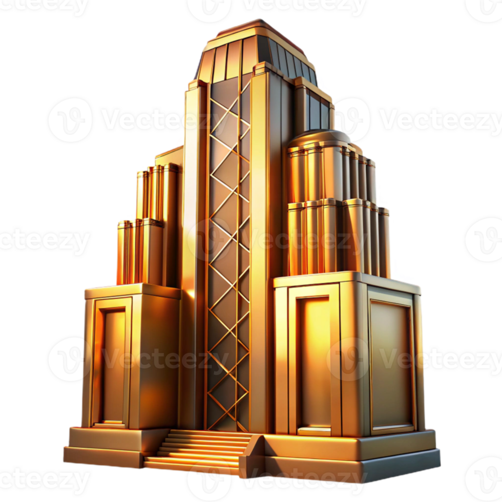 extraordinary abstract Art Deco skyscraper, intricate geometric facade, chrome accents, bathed in golden sunset light, highly polished surfaces authentic png