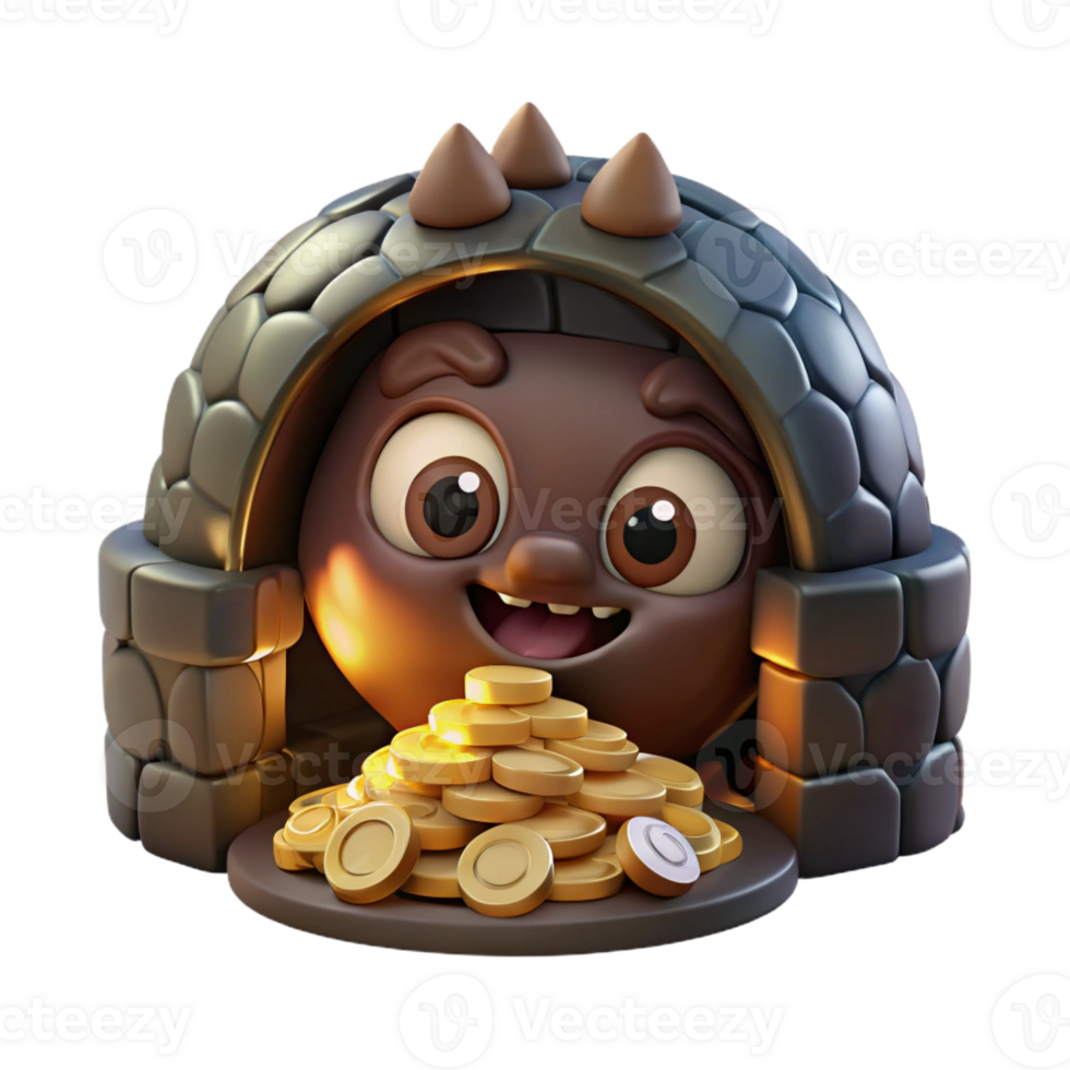 serene abstract A mischievous brownie, hiding amongst a pile of gold coins in a dark, dusty cellar. Dim, candlelit lighting. Folklore style professional png