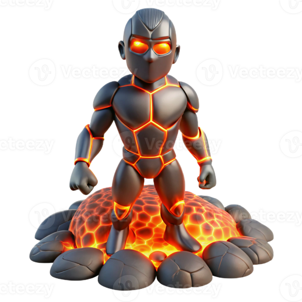 extraordinary abstract A lava superhero with glowing cracks in their basalt skin, radiating intense heat, standing amidst flowing lava, volcanic lighting, surreal style original png