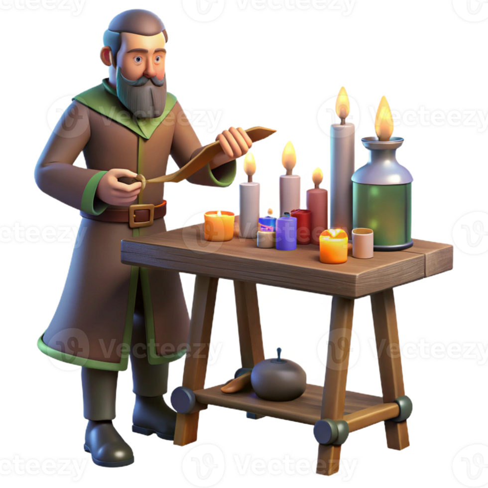 magnificent vintage A medieval alchemist works in his laboratory, flickering candlelight, fantasy painting style authentic png