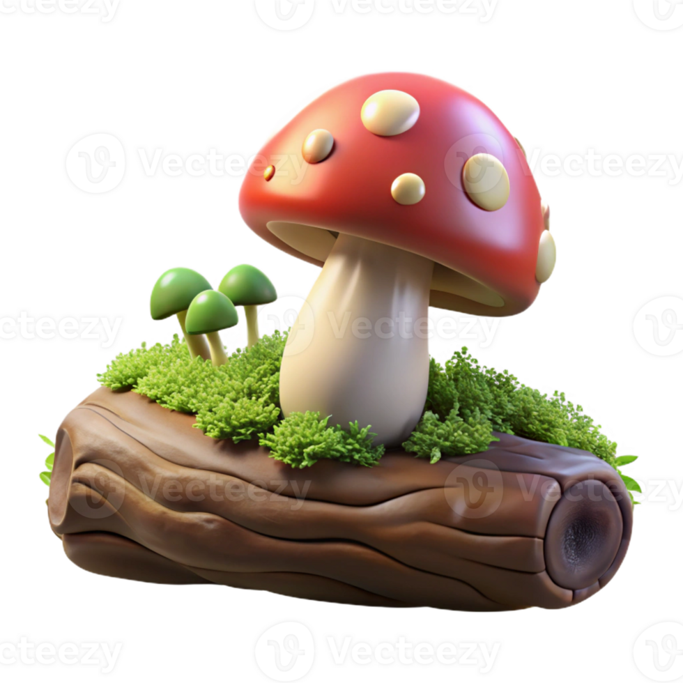 impressive traditional A mushroom growing on a mossy log, soft, forest light, whimsical, fairytale style high quality png