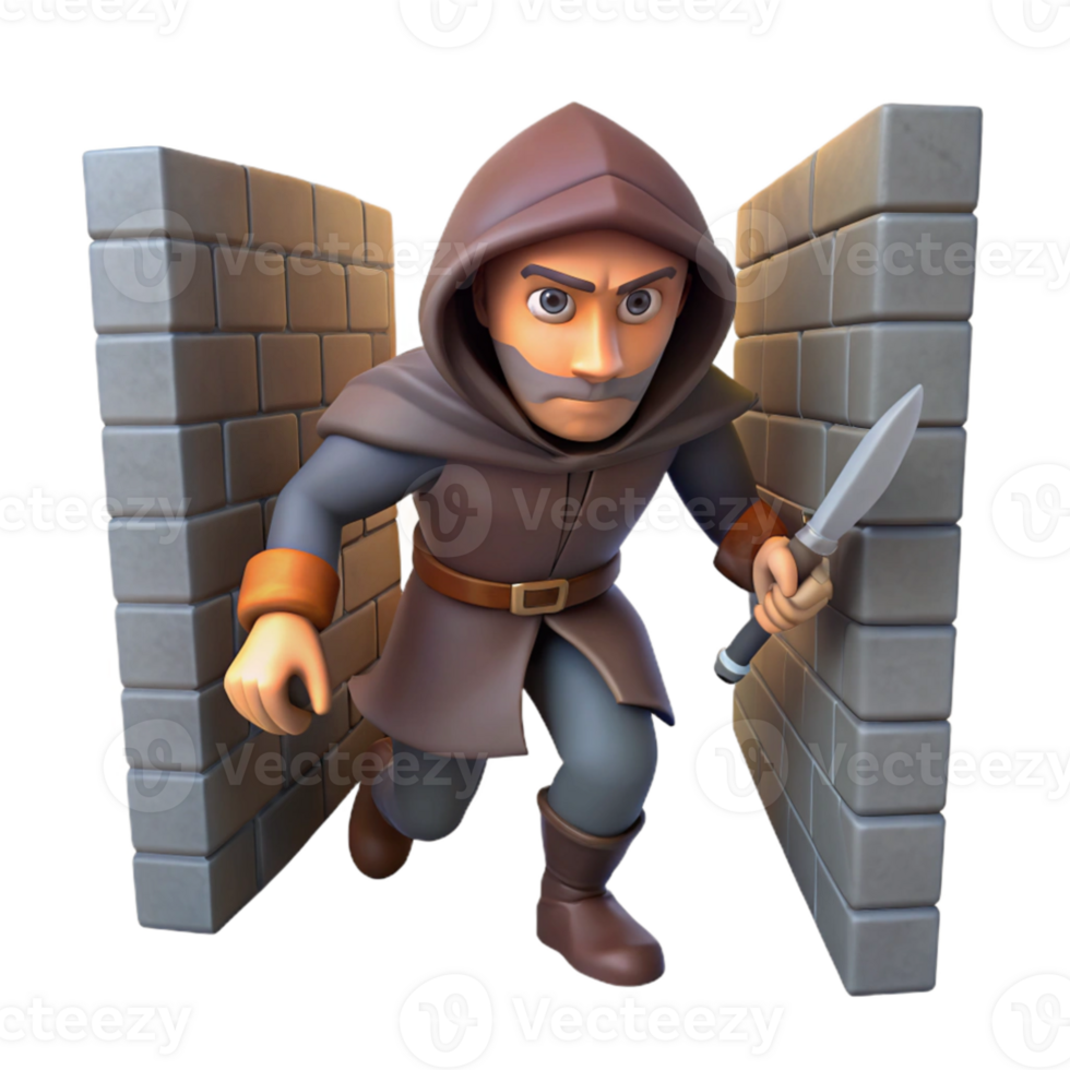 magnificent artistic A cunning rogue with a hidden dagger, sneaking through a shadowy alleyway. Low-poly style professional png