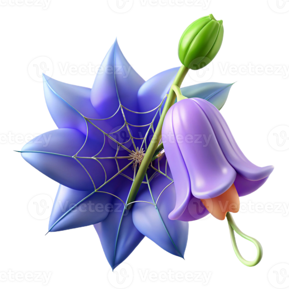 elegant abstract Dew-kissed spiderweb strung between two vibrant bluebells, macro photography, soft morning light, hyperrealistic style high quality png