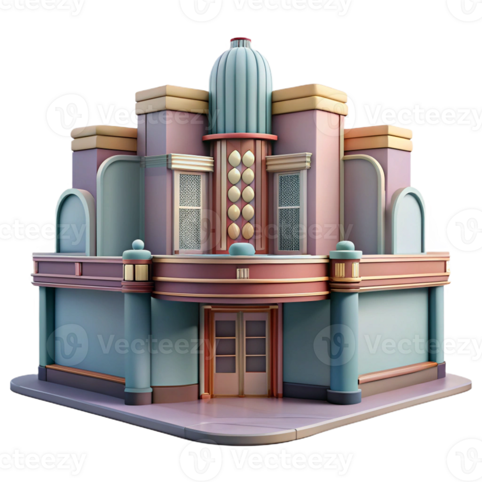 serene vintage A decaying Art Deco cinema, faded glamour, haunting atmosphere, muted colors high quality png