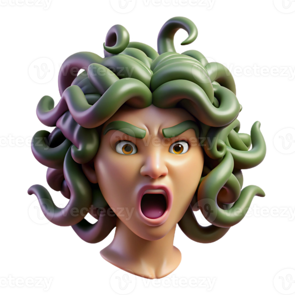 elegant minimalist A fearsome Medusa, her hair a writhing mass of venomous snakes, her gaze turning everything to stone, baroque painting style, dramatic chiaroscuro lighting genuine png