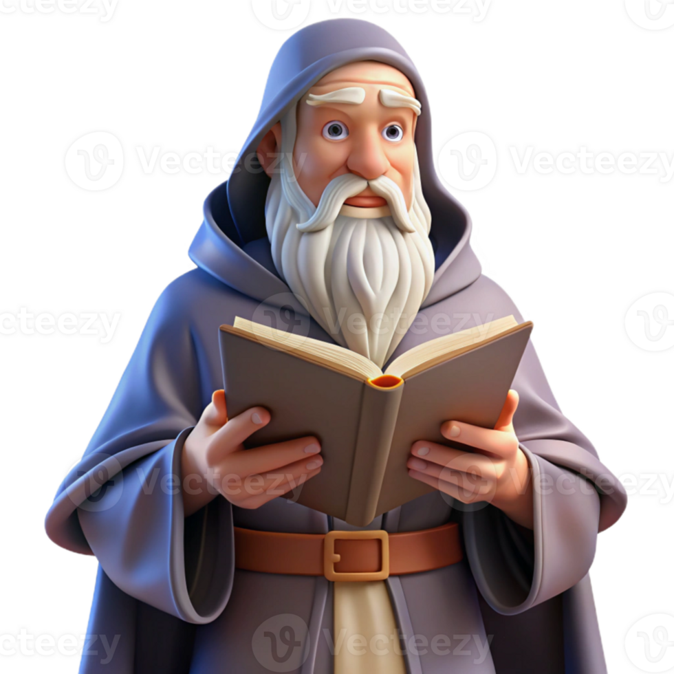 dramatic contemporary A wise old wizard with a long white beard and flowing robes, reading from an ancient tome. Soft lighting, classical painting style professional png