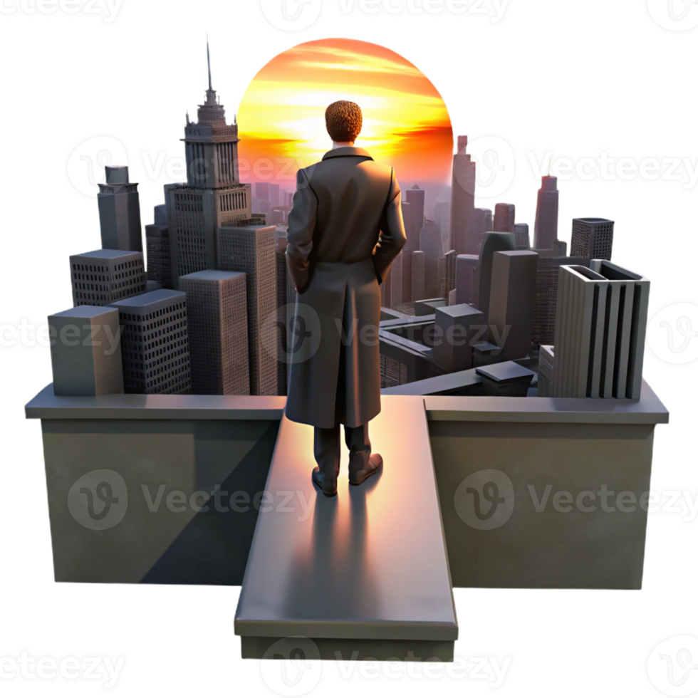 vibrant abstract A solitary figure in a trench coat, standing on a rooftop overlooking a sprawling metropolis, silhouetted against a vibrant sunset. Noir style, dramatic lighting original png