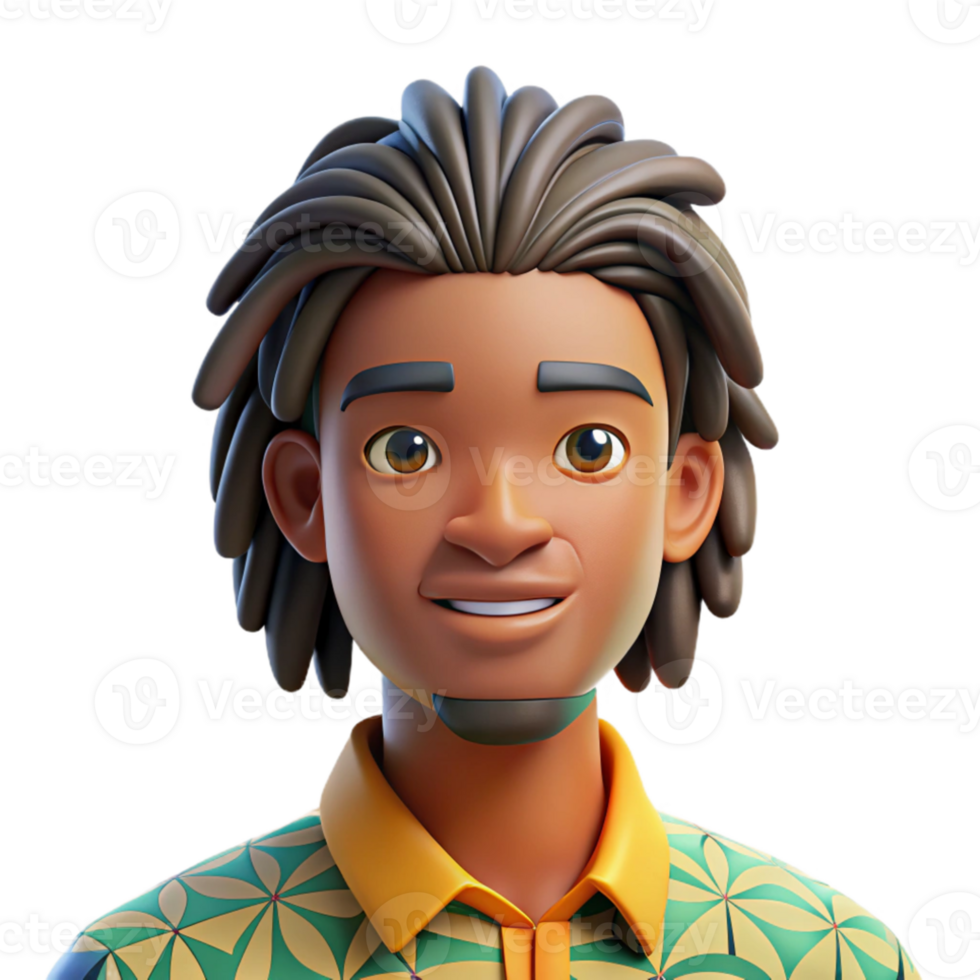 impressive artistic Portrait of a young man with dreadlocks and a thoughtful gaze, wearing a colorful patterned shirt. Soft, diffused lighting. Style art genuine png