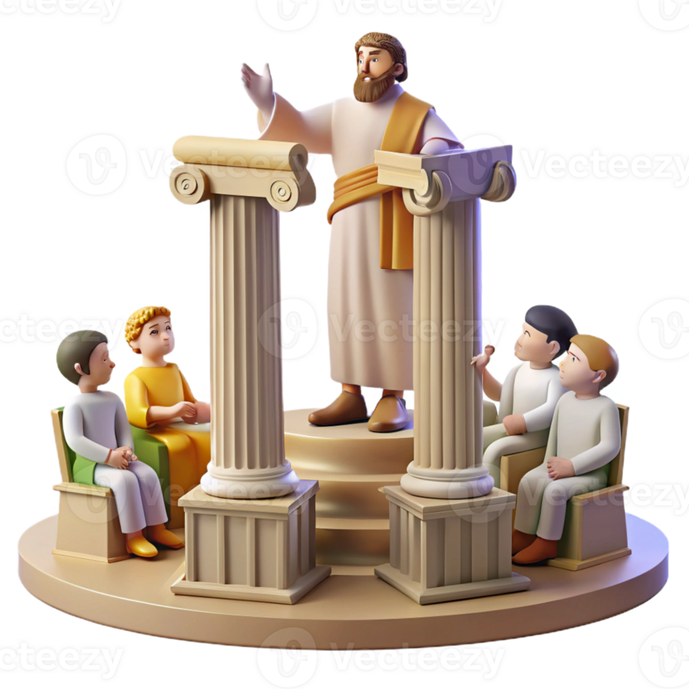serene contemporary An ancient Greek philosopher lectures his students in an open-air amphitheater, bright, natural lighting, classical sculpture style premium png