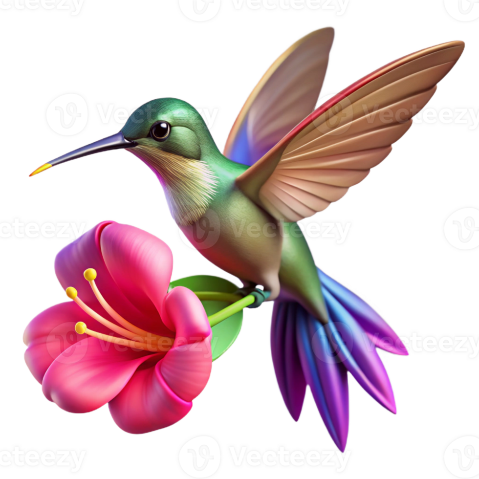 dramatic minimalist A hummingbird hovering near a vibrant fuchsia flower, motion blur on wings, bokeh effect, warm sunlight, photorealistic style, high resolution png