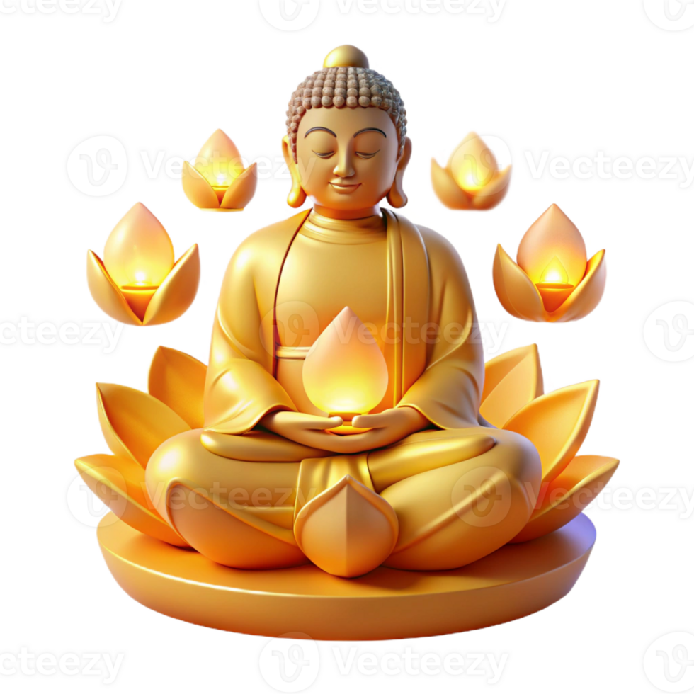 extraordinary artistic A serene, meditating Buddha statue emanating a golden aura, surrounded by floating, glowing lotuses, illuminated by a soft, divine light. Buddhist art style authentic png