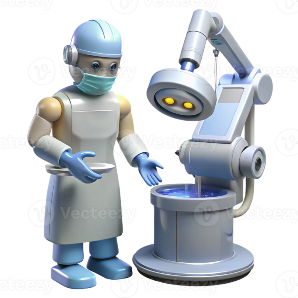 elegant minimalist A robotic surgeon performing a delicate operation, sterile white lighting, medical illustration style 4K png