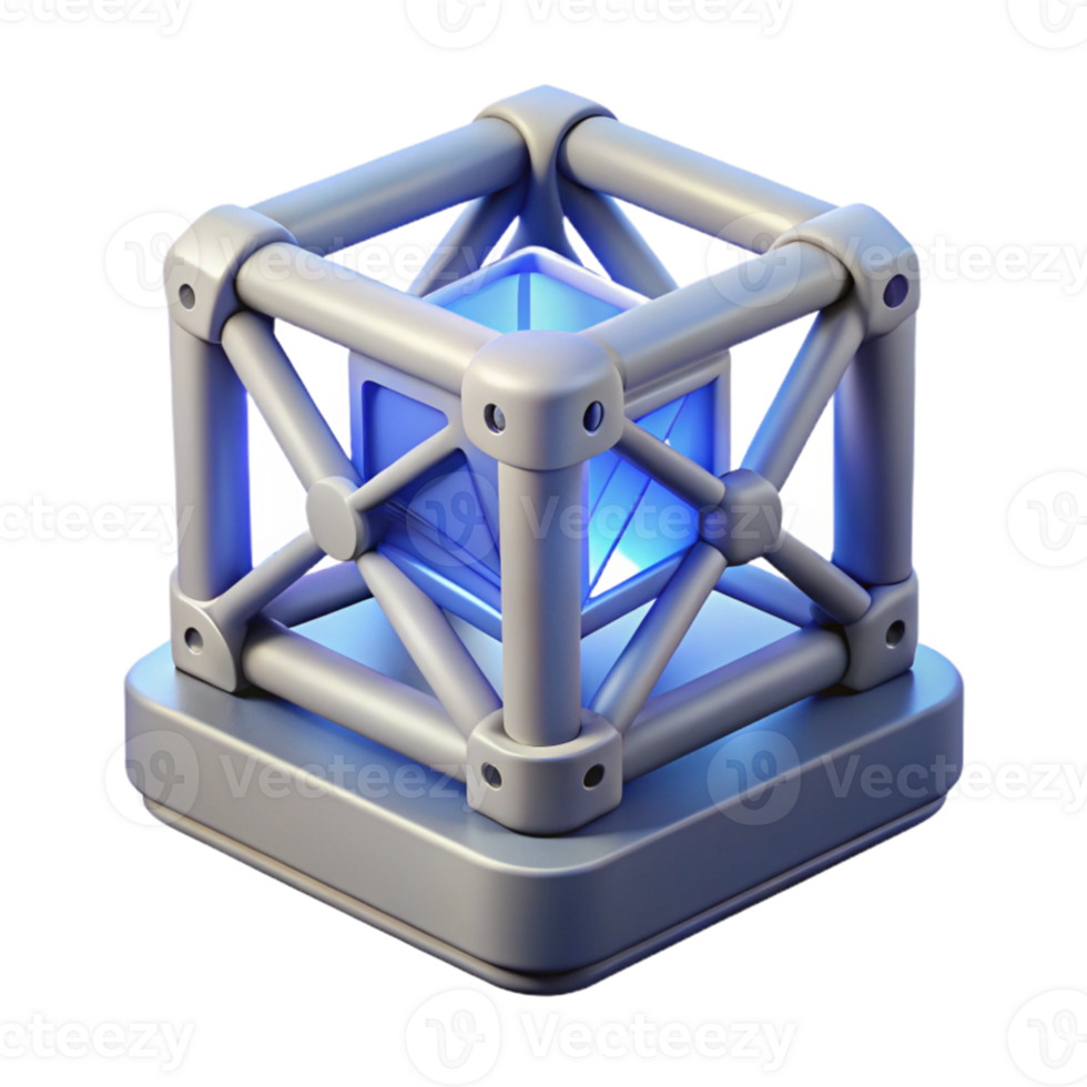 dramatic minimalist A 3D printer creating a complex geometric shape, bright white lighting, industrial design style authentic png