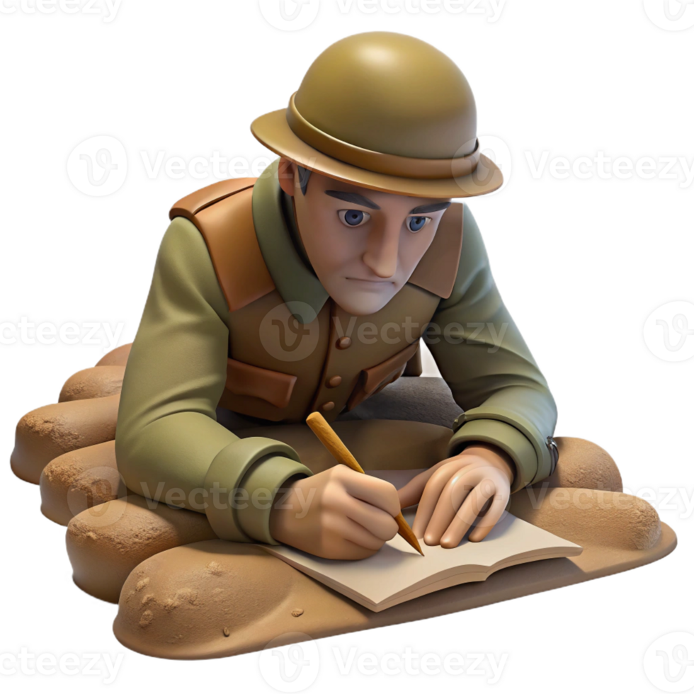 beautiful classic A World War I soldier writing a letter in a muddy trench, dim, desaturated lighting, gritty photojournalism style professional png