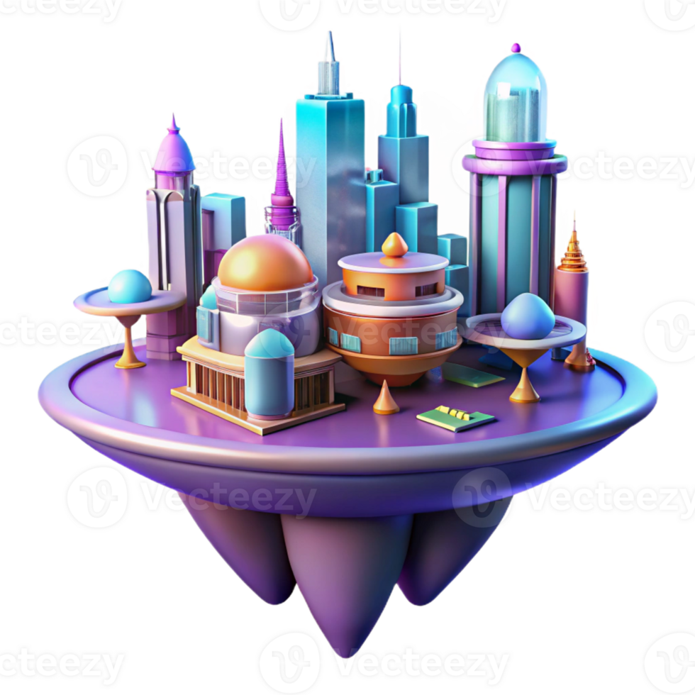 dramatic minimalist A floating city built on interconnected platforms, futuristic design, vibrant colors, dynamic lighting authentic png