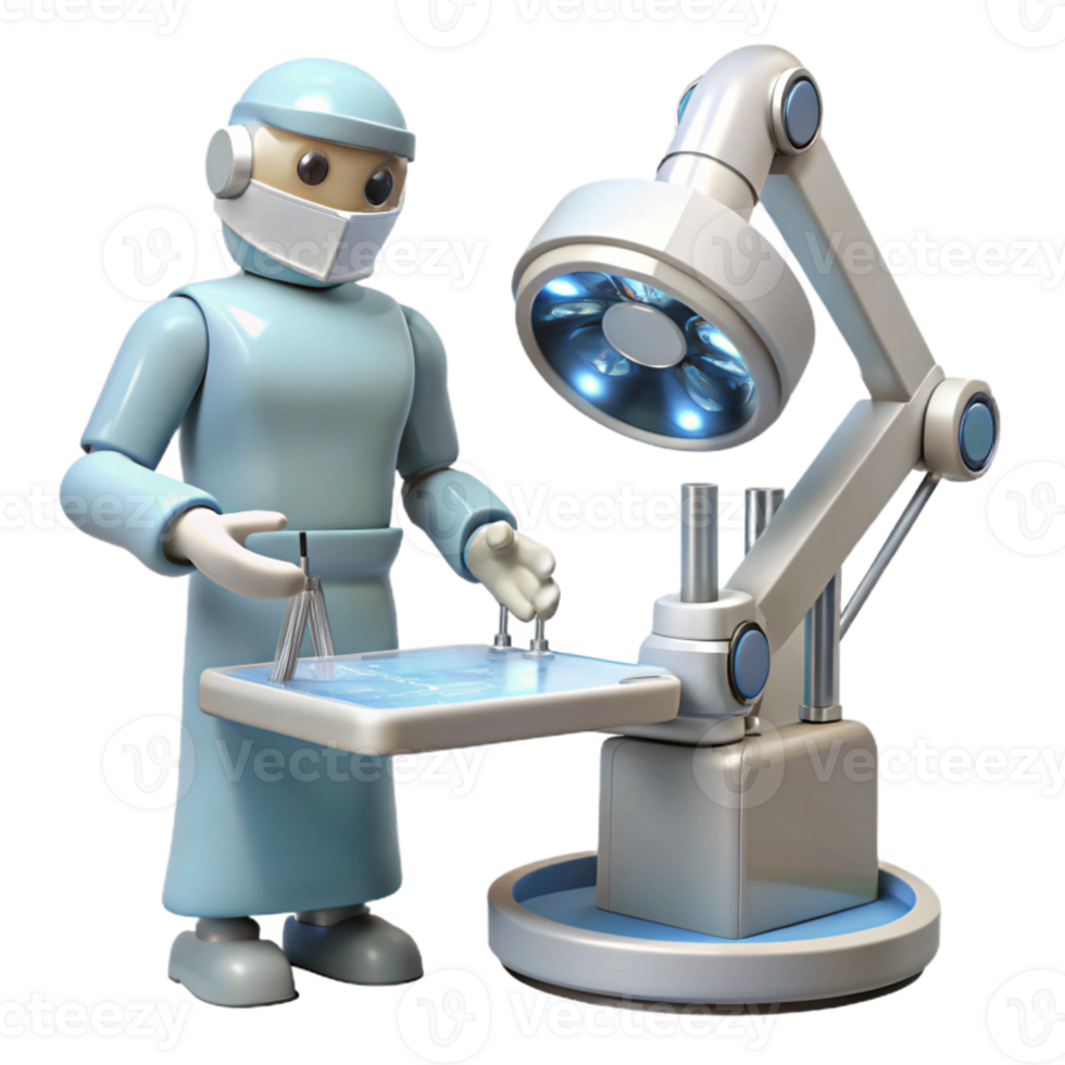 extraordinary creative A robotic surgeon performing a delicate operation, sterile white lighting, medical illustration style professional png