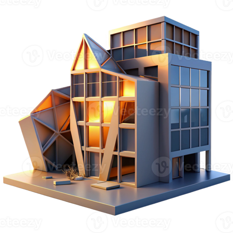 stunning contemporary Deconstructivist office building, tilted planes, fragmented forms, sunset lighting, dramatic shadows, abstract style high quality png