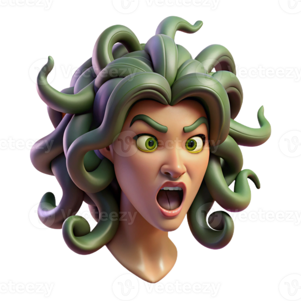 magnificent traditional A fearsome Medusa, her hair a writhing mass of venomous snakes, her gaze turning everything to stone, baroque painting style, dramatic chiaroscuro lighting premium png