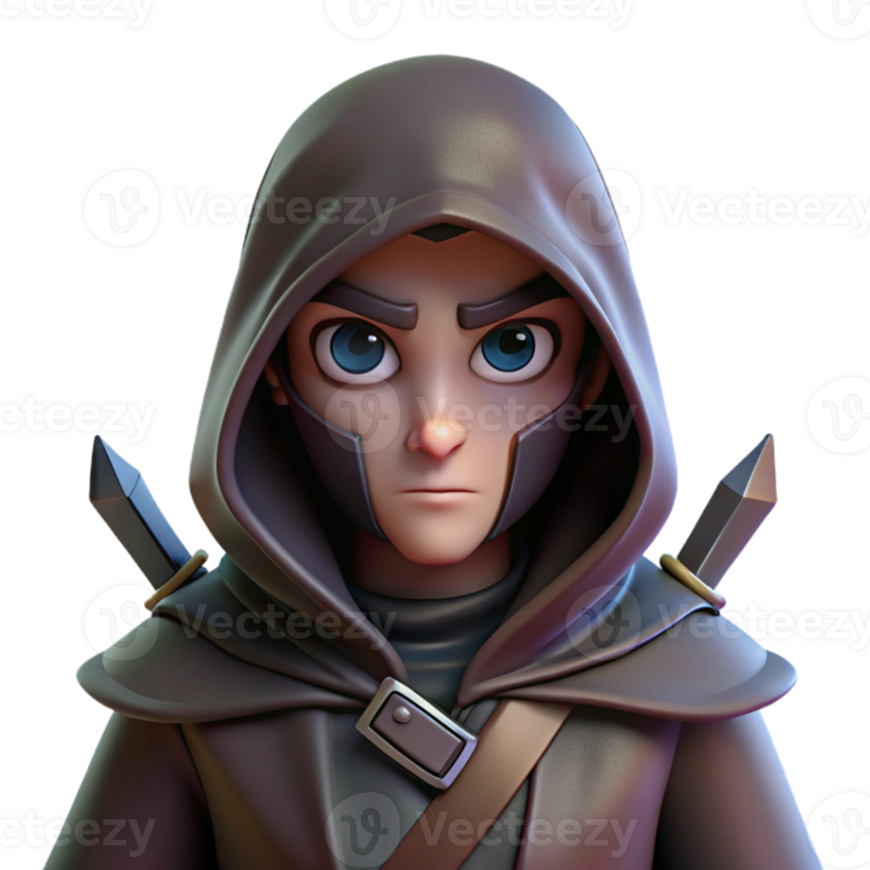 beautiful traditional A cunning rogue with a hooded cloak and a pair of daggers, lurking in the shadows. Low-key lighting, noir style authentic png
