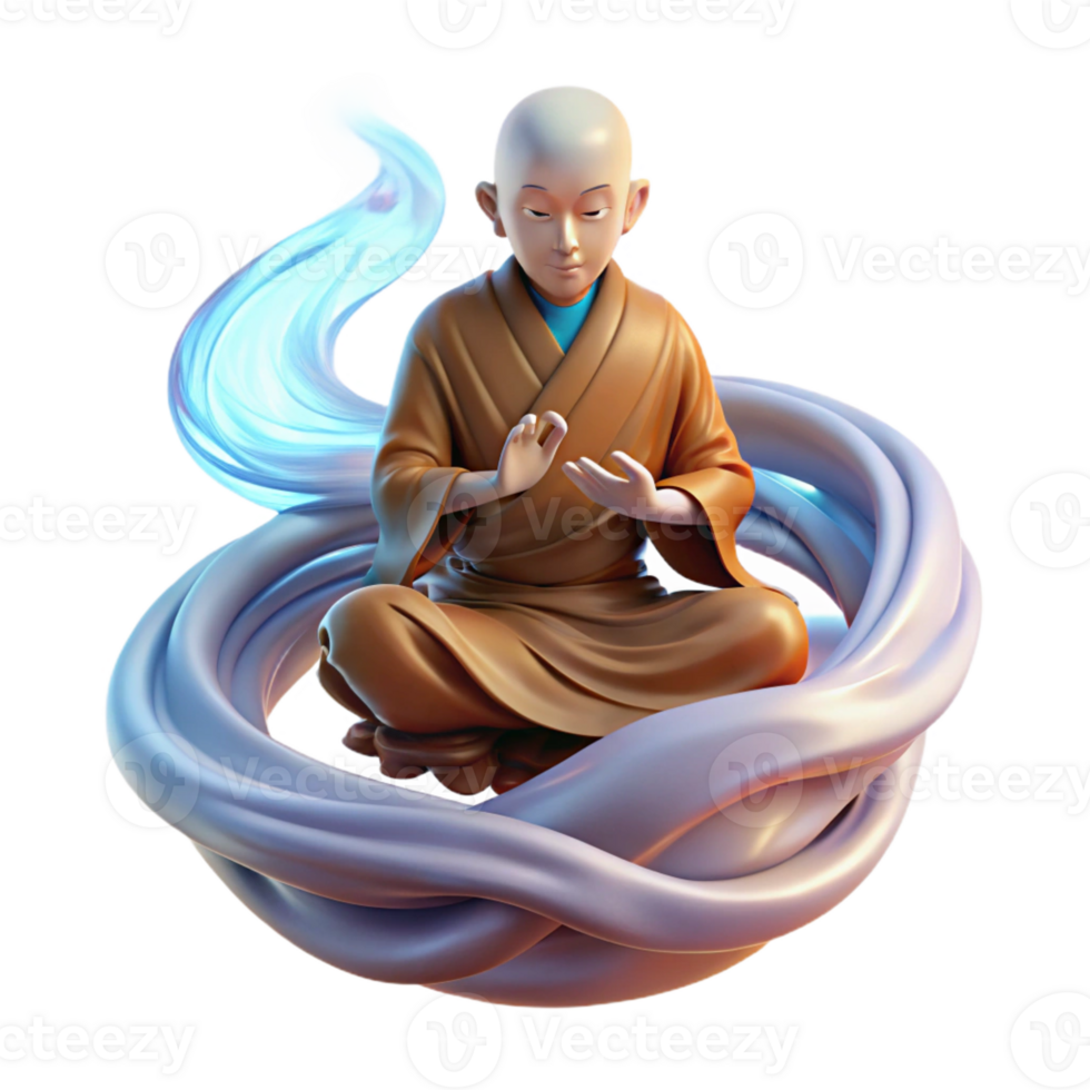 serene minimalist A solitary, meditating monk levitating above the ground, surrounded by swirling, ethereal energy. Soft, spiritual lighting. Digital painting style premium png