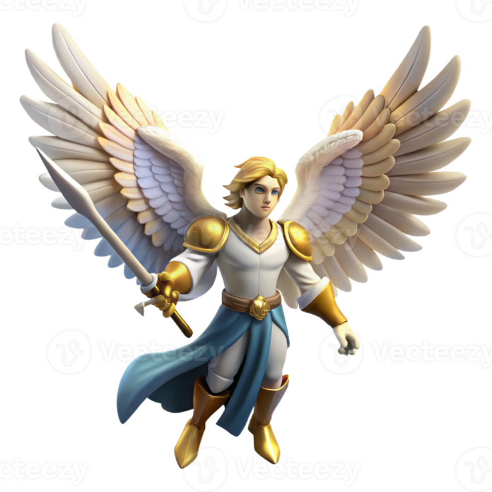 impressive creative A powerful archangel with feathered wings, wielding a celestial sword. Biblical art style premium png