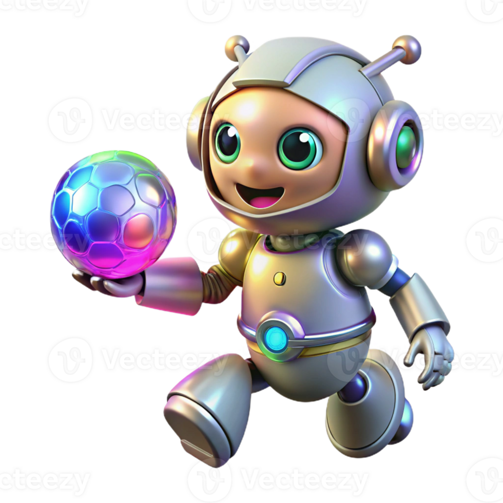 vibrant vintage A robot pet playing fetch with a holographic ball, lit by playful, colorful lights in a whimsical style 4K png