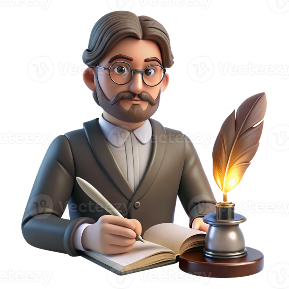 wonderful rustic Portrait of a pensive writer with spectacles and a quill pen, lit by a warm desk lamp, in a vintage literary style premium png