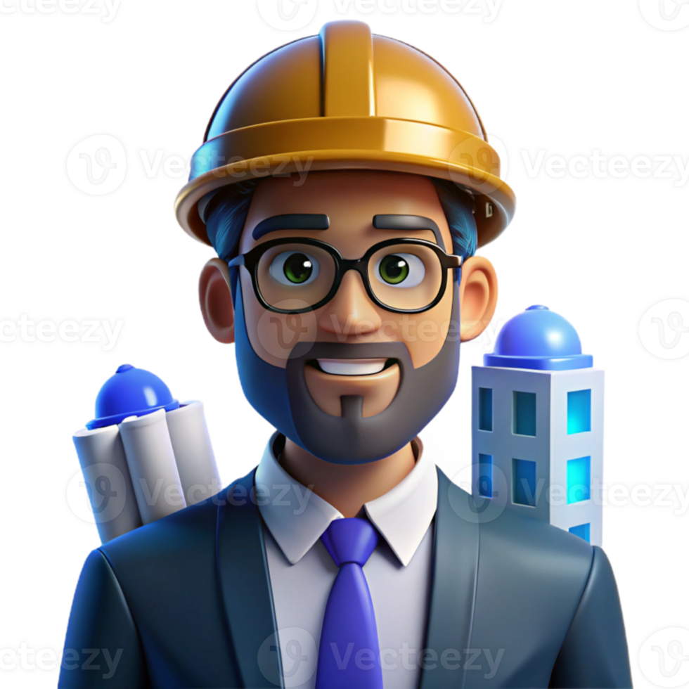 elegant rustic Portrait of a skilled architect with blueprints and a focused gaze, lit by the bright lights of a design studio, in an architectural photography style genuine png