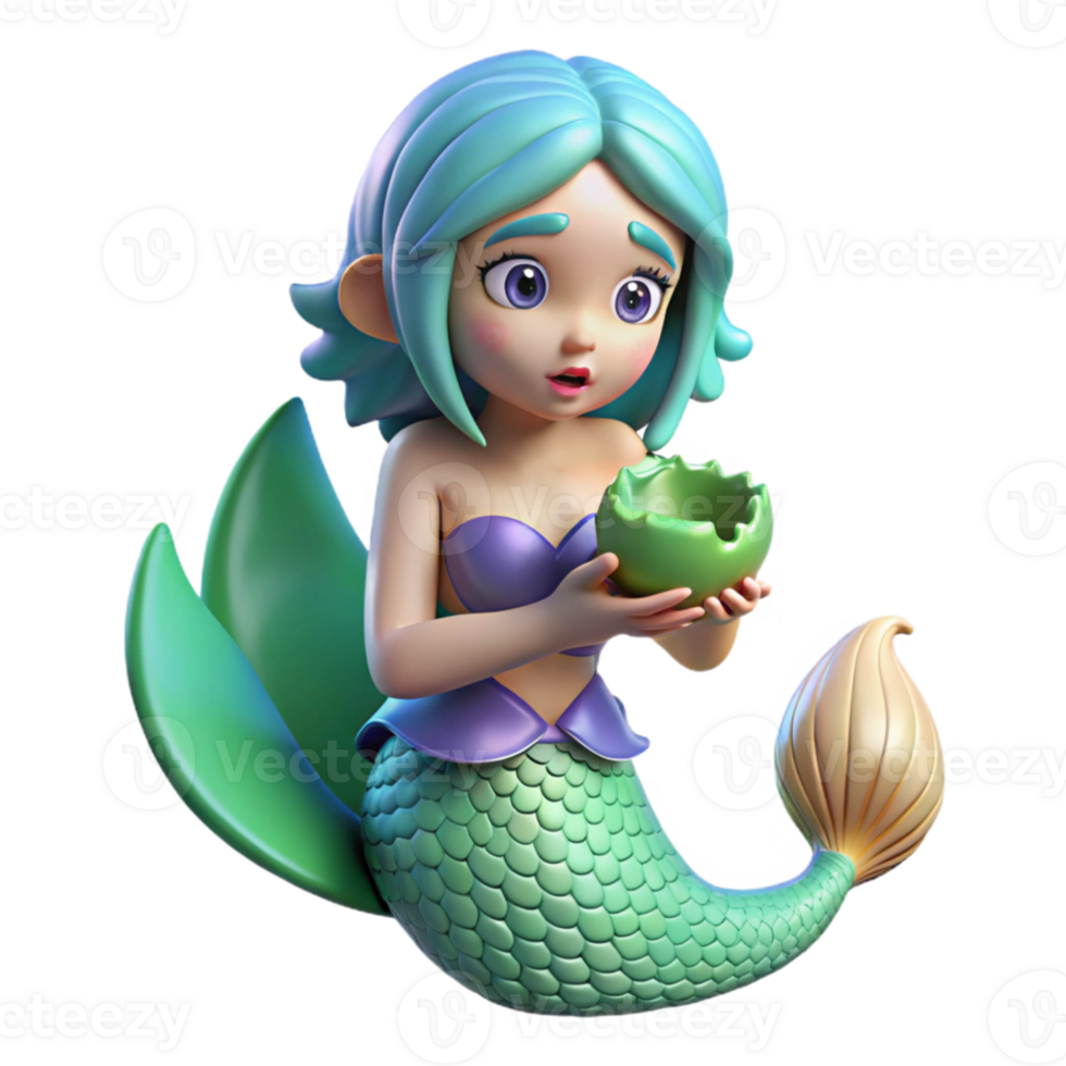 vibrant artistic A melancholic mermaid, with scales of pearlescent blue and green, clutching a broken seashell, underwater scene with caustics, Art Deco style 4K png