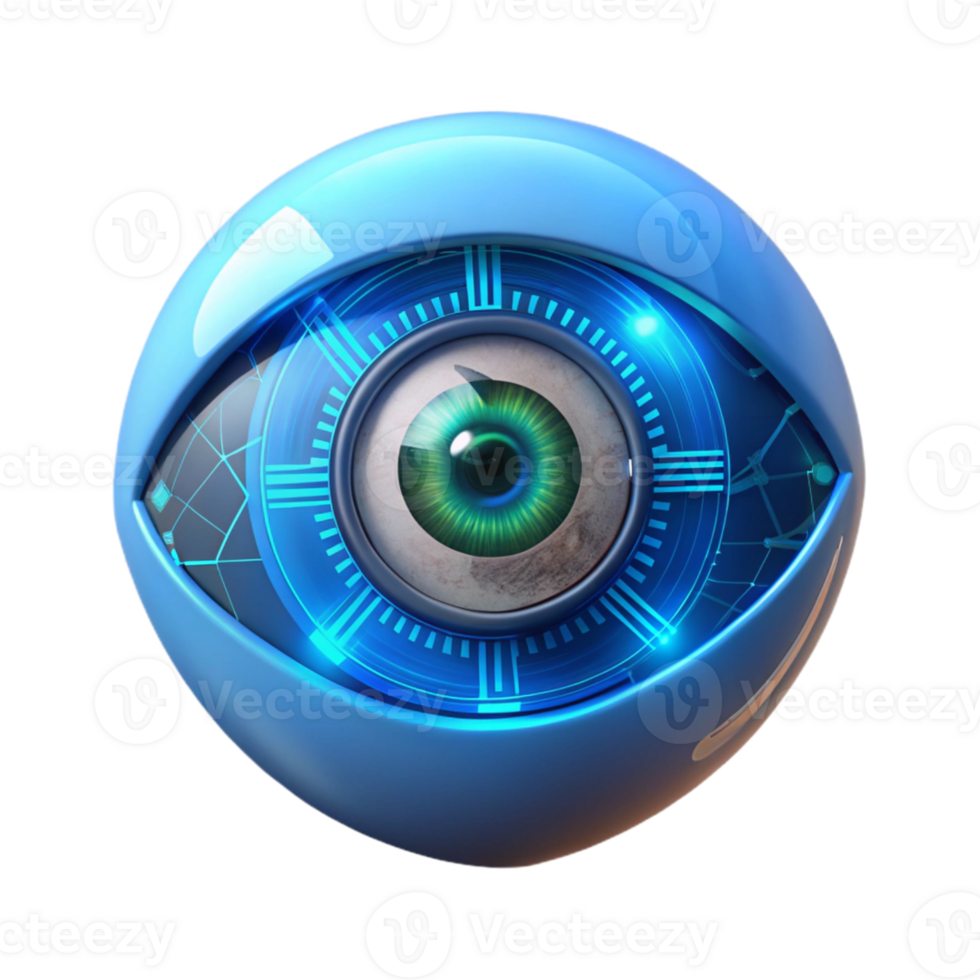 impressive abstract A single human eye with a HUD interface projected over it, displaying complex data and information, cyberpunk style, illuminated by a cool, blue light original png