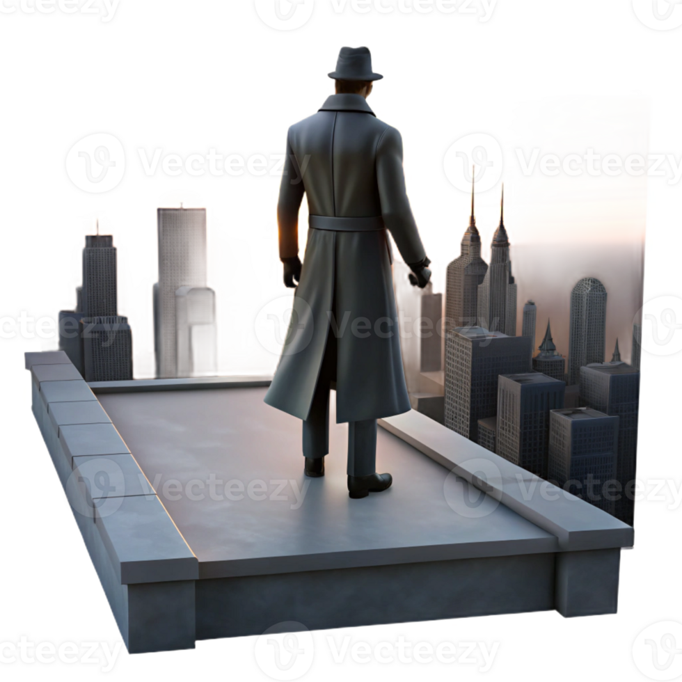 elegant artistic A solitary figure in a trench coat, standing on a rooftop overlooking a sprawling metropolis, silhouetted against a vibrant sunset. Noir style, dramatic lighting 4K png